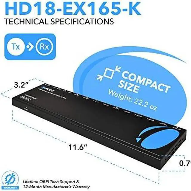 Alt view image 14 of 14 - OREI 1x8 HDMI Extender Splitter Multiple Over Single Cable CAT6/7 1080P With IR Remote EDID Management - Up to 165 Ft - Loop Out - Low Latency - Full Support