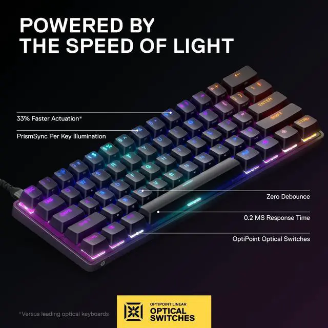 Alt view image 19 of 19 - SteelSeries Apex 9 Mini HotSwap Optical Mini Gaming Keyboard – 60% Compact Design – Optical Switches – RGB Customization – Aluminum Alloy Frame – Double Shot PBT Keycap
