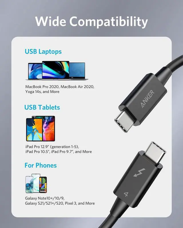 Alt view image 10 of 14 - Anker Thunderbolt 4 Cable 2.3 ft, Supports 8K Display / 40Gbps Data Transfer / 100W Charging USB C to USB C Cable, for Type-C MacBooks, iPad Pro, Hub, Docking, and More (Intel Thunderbolt Certified)