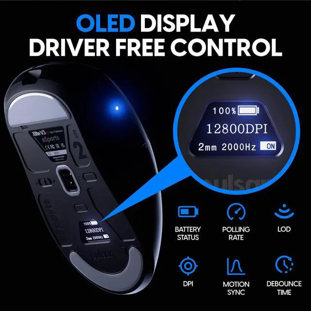 Alt view image 6 of 7 - Pulsar Gaming Gears Xlite V3 Wireles eS Competitive Gaming Mouse, Lightweight 2.3oz (65g), Optical Switch, 4K Dongle Included; Super high Polling rate 26k DPI, PAW3395 Sensor OLED display, Black