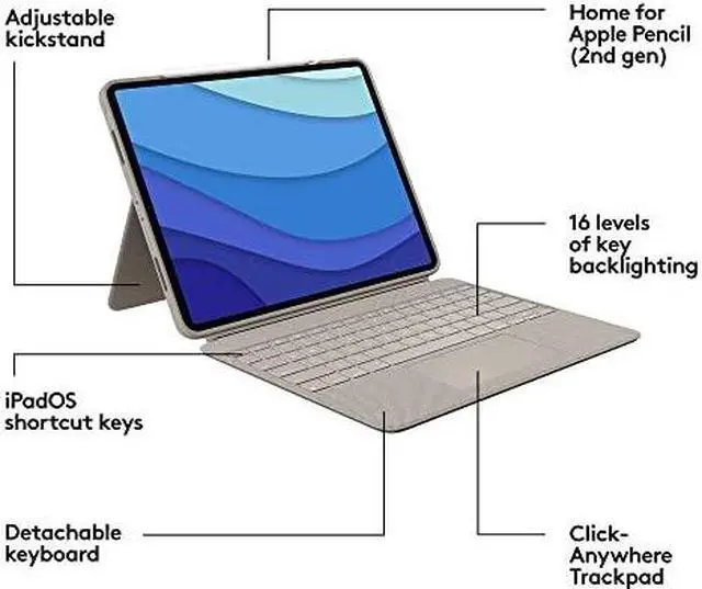 Alt view image 13 of 20 - Logitech Combo Touch Keyboard/Cover Case Folio for 12.9" Apple Logitech iPad Pro 5th Generation Tablet Sand 920010119