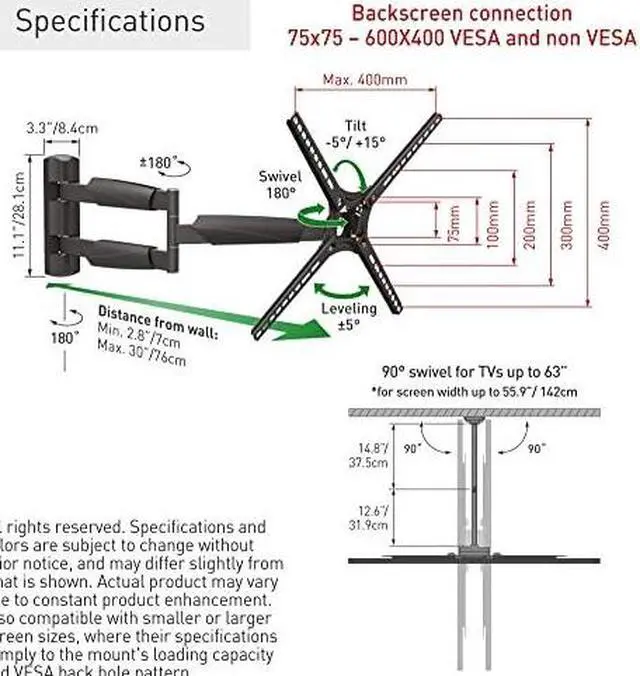 Alt view image 12 of 16 - barkan long tv wall mount, 13-65 inch full motion articulating - 4 movement flat/curved screen bracket, holds up to 79lbs, extremely extendable, fits led oled lcd