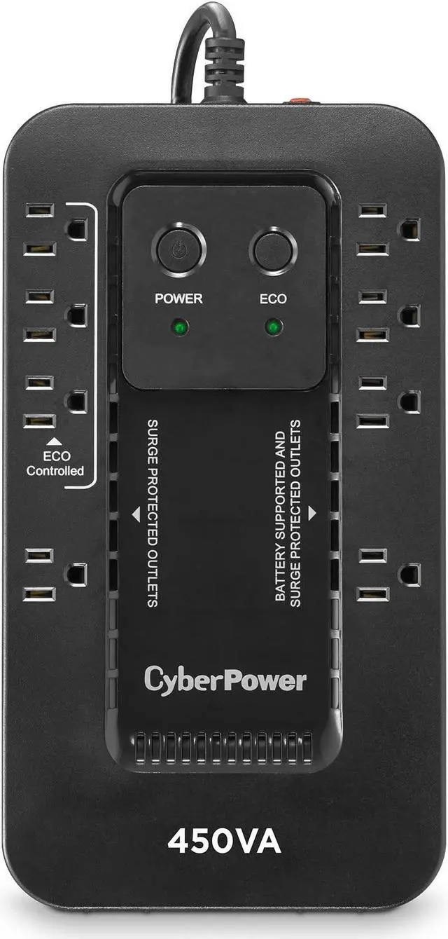 Alt view image 19 of 20 - CYBERPOWER EC450G - UPS - Compact - Standby - Output 120 VAC+/- 5% - 260Watt - 450VA - 10A - USB - Output 8 NEMA 5-15R - Sealed Lead-Acid Battery - Black