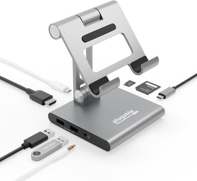 Alt view image 8 of 15 - Plugable 8-in-1 USB C Docking Station for iPad with Stand, 100W Pass-through Charging USB-C Hub, 1x HDMI, 2x USB, Audio, and SD, Compatible with Windows, iPadOS, USB-C Phones, and Tablets