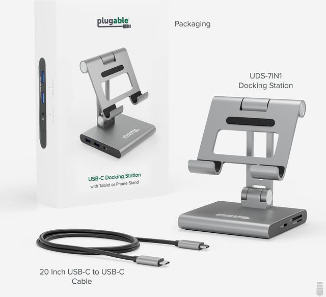 Alt view image 9 of 15 - Plugable 8-in-1 USB C Docking Station for iPad with Stand, 100W Pass-through Charging USB-C Hub, 1x HDMI, 2x USB, Audio, and SD, Compatible with Windows, iPadOS, USB-C Phones, and Tablets