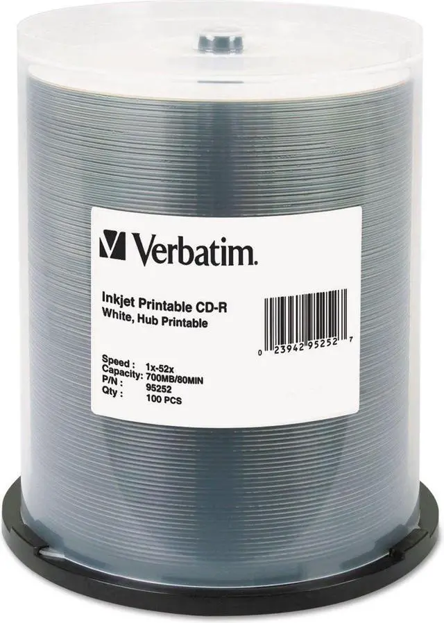Alt view image 2 of 8 - Verbatim 700MB 52x 80 Minute White Inkjet and Hub Printable Recordable Disc CD-R, 100-Disc Spindle 95252