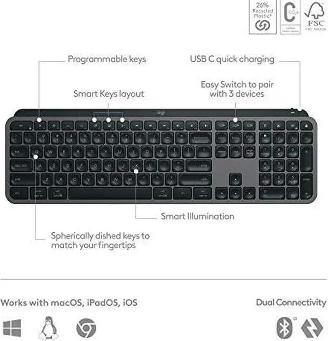 Alt view image 6 of 14 - Logitech MX Keys S Wireless Keyboard, Low Profile, Quiet Typing, Backlighting, Bluetooth, USB C Rechargeable for Windows PC, Linux, Chrome, Mac - Graphite - With Free Adobe Creative Cloud Subscription