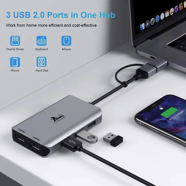 Alt view image 2 of 7 - USB 3.0 to Dual HDMI Docking Station, USB C/USB 3.0 Adapter Laptop Docking Station Dual Monitor HDMI Splitter for Windows and Mac, USB C Hub Dongle for Dell/ HP/ Lenovo/ Surface and MacBook Pro/Air M1
