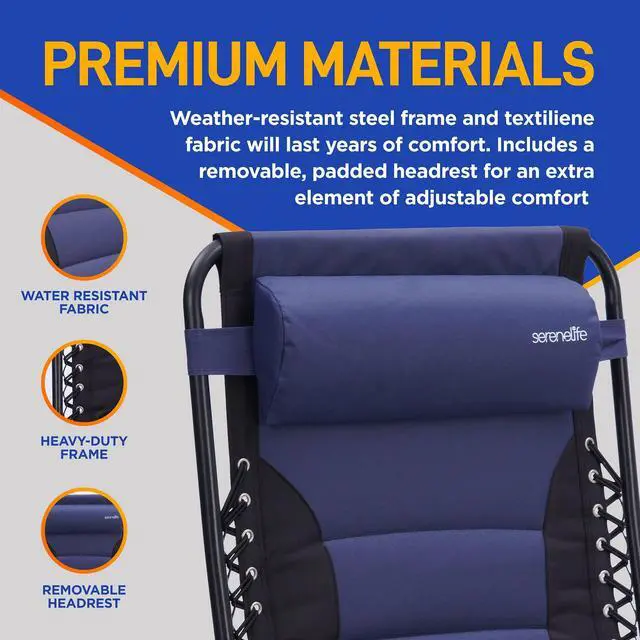 Alt view image 2 of 6 - SereneLife Outdoor Adjustable and Foldable Padded Zero Gravity Lawn Chair - Adjustable Recliner with Removable Plastic Cup Holder Side Table and Pillow, Blue and Black
