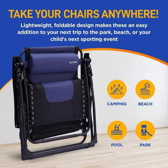 Alt view image 3 of 6 - SereneLife Outdoor Adjustable and Foldable Padded Zero Gravity Lawn Chair - Adjustable Recliner with Removable Plastic Cup Holder Side Table and Pillow, Blue and Black