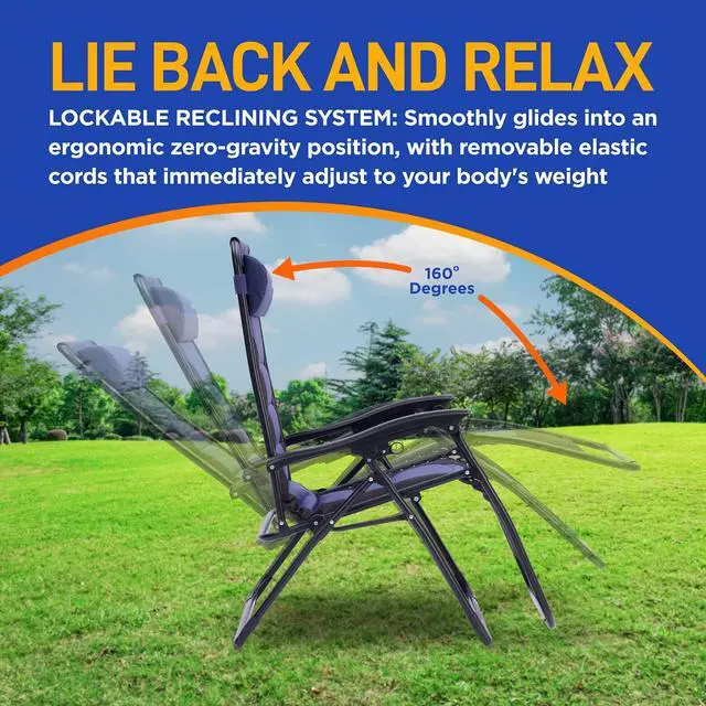 Alt view image 5 of 6 - SereneLife Outdoor Adjustable and Foldable Padded Zero Gravity Lawn Chair - Adjustable Recliner with Removable Plastic Cup Holder Side Table and Pillow, Blue and Black