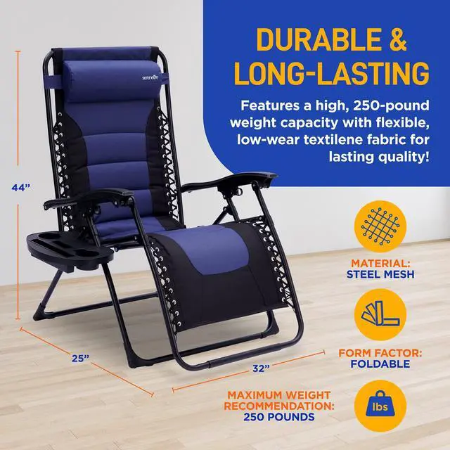 Alt view image 6 of 6 - SereneLife Outdoor Adjustable and Foldable Padded Zero Gravity Lawn Chair - Adjustable Recliner with Removable Plastic Cup Holder Side Table and Pillow, Blue and Black