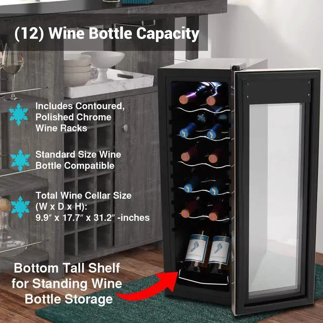 Alt view image 6 of 8 - 12 Bottle Wine Cooler Refrigerator - White Red Wine Fridge Chiller Countertop Wine Cooler - Freestanding Compact Mini Wine Fridge 12 Bottle W/Digital Control, Stainless Steel Door - Nutrichef Pkcwc12