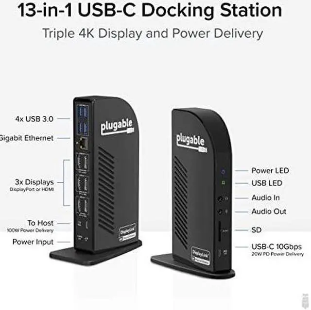 Alt view image 19 of 18 - Plugable USB C 4K Triple Monitor Laptop Docking Station with 100W Power Delivery, 3x HDMI and 3x DisplayPort, for Thunderbolt 3/4 and USB-C Windows and Mac
