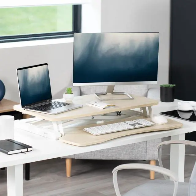 Alt view image 10 of 14 - VIVO Light Wood Height Adjustable Standing Desk Riser, 32" Sit Stand Tabletop Workstation, White Frame (DESK-V000KF)