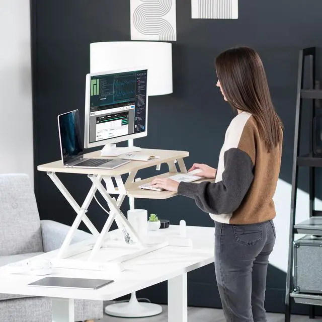 Alt view image 9 of 14 - VIVO Light Wood Height Adjustable Standing Desk Riser, 32" Sit Stand Tabletop Workstation, White Frame (DESK-V000KF)