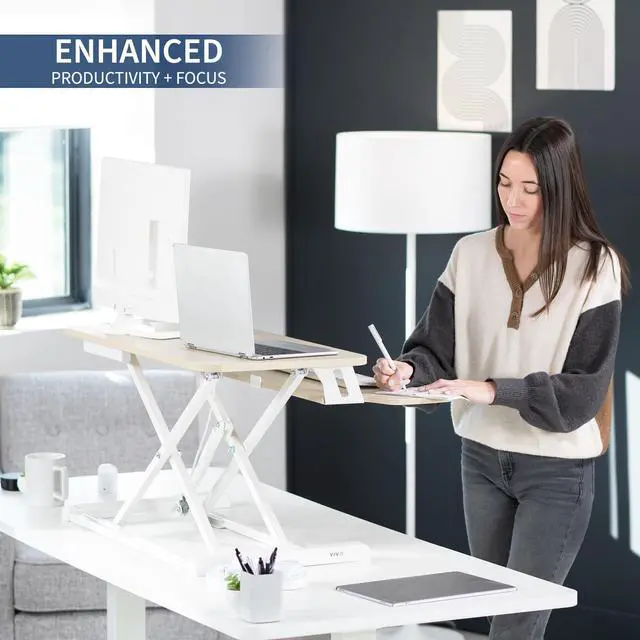 Alt view image 14 of 14 - VIVO Light Wood Height Adjustable Standing Desk Riser, 32" Sit Stand Tabletop Workstation, White Frame (DESK-V000KF)