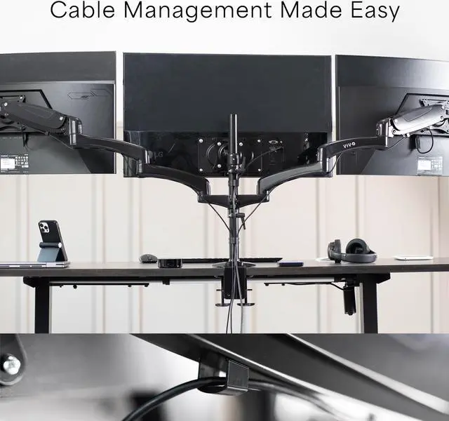 Alt view image 10 of 15 - VIVO Triple Monitor Desk Mount, 2 Pneumatic Arms + 1 Fixed, Heavy Duty, Adjustable, 3 Screens up to 32" (STAND-V300G)