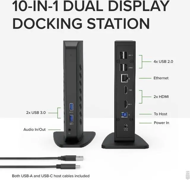 Alt view image 15 of 15 - Plugable USB 3.0 and USB-C Universal Laptop Docking Station for Windows and Mac (Dual Video HDMI, Gigabit Ethernet, Audio, 6 USB Ports)
