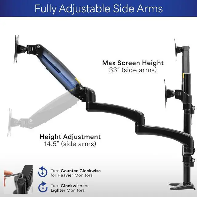 Alt view image 12 of 15 - VIVO Triple Monitor Desk Mount, 2 Pneumatic Arms + 1 Fixed, Heavy Duty, Adjustable, 3 Screens up to 32" (STAND-V300G)