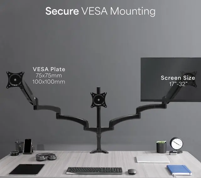 Alt view image 14 of 15 - VIVO Triple Monitor Desk Mount, 2 Pneumatic Arms + 1 Fixed, Heavy Duty, Adjustable, 3 Screens up to 32" (STAND-V300G)