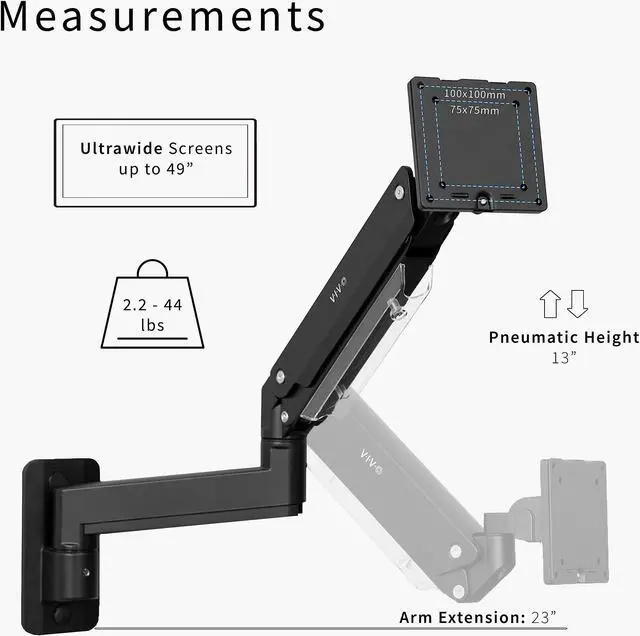 Alt view image 12 of 14 - VIVO Black Premium Aluminum Pneumatic Monitor Arm Wall Mount for Ultrawide Screens up to 49" and 44 lbs, MOUNT-V101G1