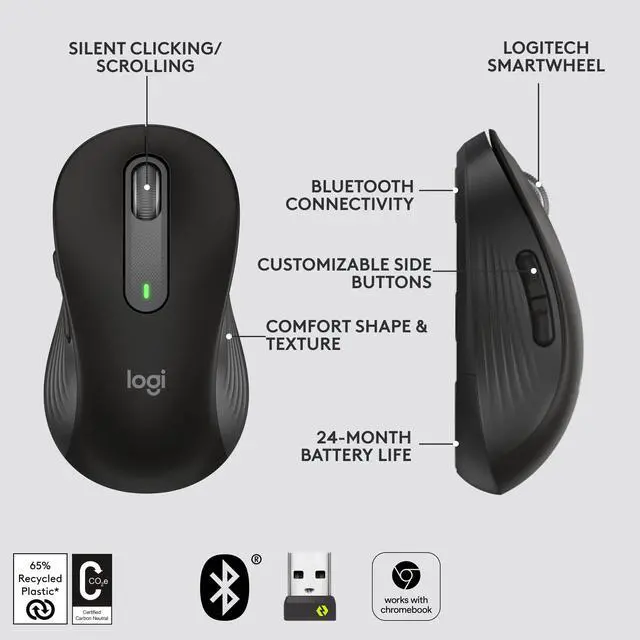 Alt view image 4 of 7 - Logitech Signature M650 L Full Size Wireless Mouse - For Large Sized Hands, 2-Year Battery, Silent clicks, customizable Side Buttons, Bluetooth, for PcMacMulti-Devicechromebook - Black
