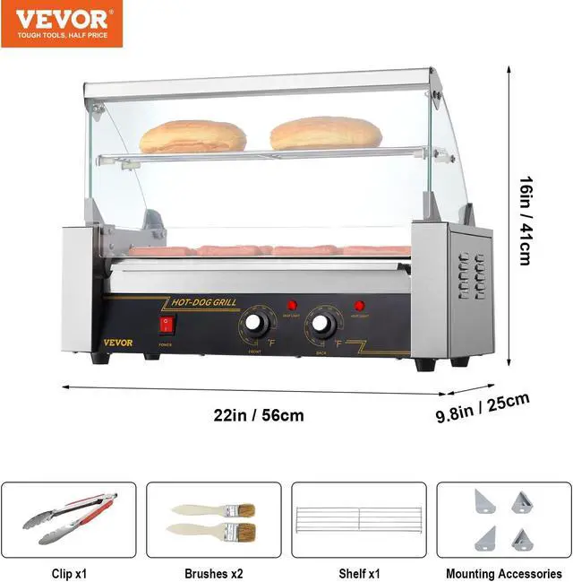 Alt view image 8 of 9 - VEVOR Hot Dog Roller 5 Rollers 12 Hot Dogs Capacity, 750W Stainless Sausage Grill Cooker Machine with Dual Temp Control Glass Hood Acrylic Cover Bun Warmer Shelf Removable Oil Drip Tray ETL Certified
