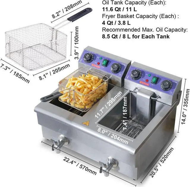 Alt view image 5 of 9 - VEVOR Commercial Electric Deep Fryer Countertop Deep Fryer with Dual Tanks 3000W