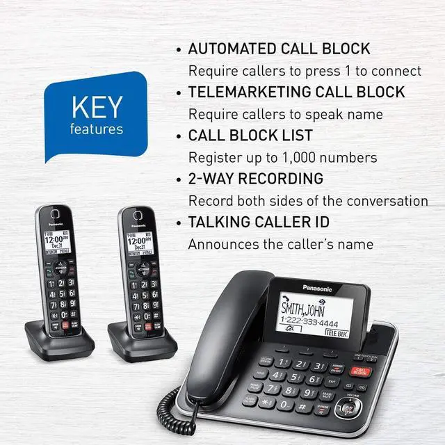 Alt view image 2 of 6 - Panasonic DECT 6.0 2-in-1 Corded/Cordless Phone with Answering Machine, Advanced Call Block (1,000 numbers), and Talking Caller ID - 2 Cordless Handset - KX-TGF872CB (Black)
