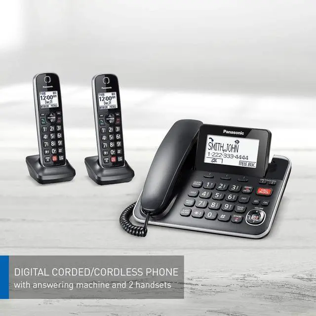 Alt view image 3 of 6 - Panasonic DECT 6.0 2-in-1 Corded/Cordless Phone with Answering Machine, Advanced Call Block (1,000 numbers), and Talking Caller ID - 2 Cordless Handset - KX-TGF872CB (Black)