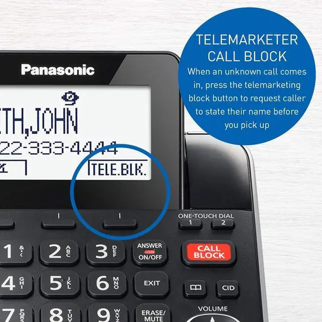 Alt view image 5 of 6 - Panasonic DECT 6.0 2-in-1 Corded/Cordless Phone with Answering Machine, Advanced Call Block (1,000 numbers), and Talking Caller ID - 2 Cordless Handset - KX-TGF872CB (Black)