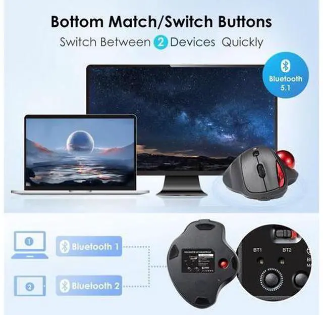 Alt view image 3 of 7 - 2 Device Bluetooth Trackball Mouse, Silent Click Ergonomic Roller Ball Mouse, Wireless Rechargeable Thumb Mice, Programmable Buttons, 600-1600 DPI, Compatible with PC, Mac, Laptop, Windows