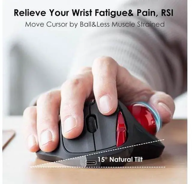 Alt view image 2 of 7 - 2 Device Bluetooth Trackball Mouse, Silent Click Ergonomic Roller Ball Mouse, Wireless Rechargeable Thumb Mice, Programmable Buttons, 600-1600 DPI, Compatible with PC, Mac, Laptop, Windows