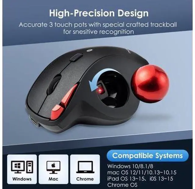 Alt view image 7 of 7 - 2 Device Bluetooth Trackball Mouse, Silent Click Ergonomic Roller Ball Mouse, Wireless Rechargeable Thumb Mice, Programmable Buttons, 600-1600 DPI, Compatible with PC, Mac, Laptop, Windows