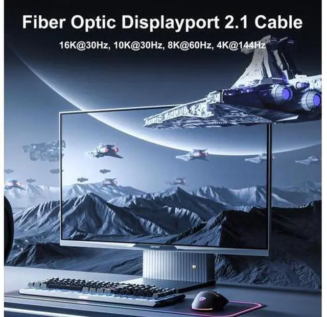 Alt view image 2 of 5 - FIBBR Certified Fiber Optic DisplayPort 2.1 Cable,DP2.1 Cable 80Gbps Video Display Port Cord Supports 16K@60Hz, 10K@60Hz, 8K@60Hz, 4K@165Hz, HDR, HDCP 2.2, 3D, ARC (9.84FT/3M)