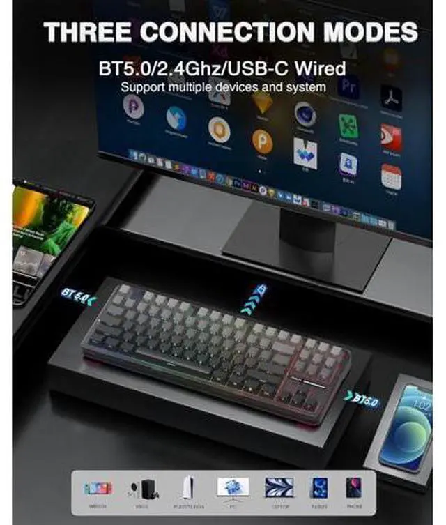 Alt view image 3 of 7 - F87 Pro Wireless Mechanical Keyboard,Tri-Mode BT5.0/2.4GHz/USB-C Hot Swappable Custom Keyboard,Pre-lubed Switches,Side Printed PBT Keycaps,75% TKL RGB Backlit Gaming Keyboards