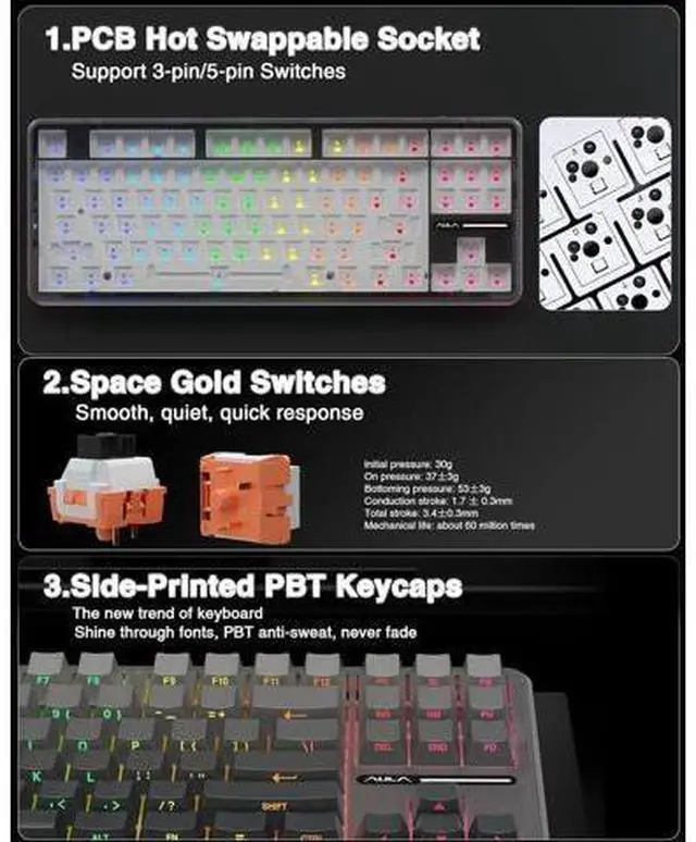 Alt view image 5 of 7 - F87 Pro Wireless Mechanical Keyboard,Tri-Mode BT5.0/2.4GHz/USB-C Hot Swappable Custom Keyboard,Pre-lubed Switches,Side Printed PBT Keycaps,75% TKL RGB Backlit Gaming Keyboards