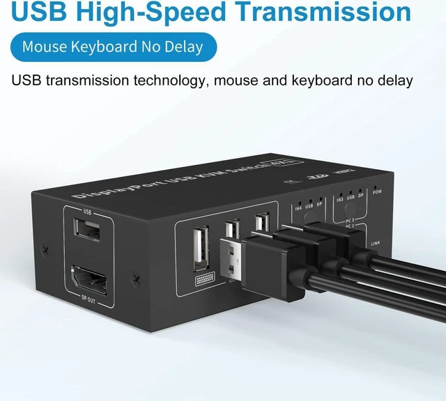 Alt view image 3 of 7 - 4 in 1 Out DisplayPort KVM Switch 4x1, 4 Port 4K @60Hz USB and DP Switch for 4 Computers Share Keyboard Mouse Printer Monitor for Laptop,PC, with 4X USB Cable,1x Switch Button Cable,1x Power Cable