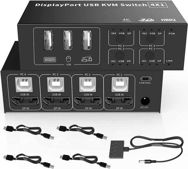 Main image of 4 in 1 Out DisplayPort KVM Switch 4x1, 4 Port 4K @60Hz USB and DP Switch for 4 Computers Share Keyboard Mouse Printer Monitor for Laptop,PC, with 4X USB Cable,1x Switch Button Cable,1x Power Cable