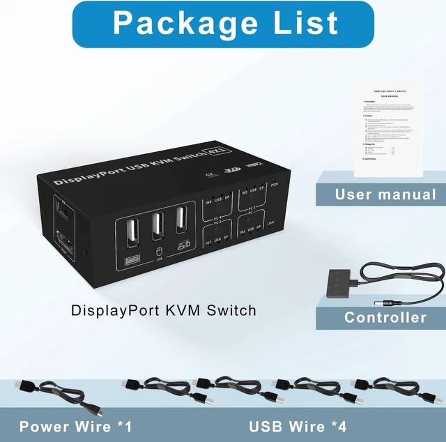 Alt view image 7 of 7 - 4 in 1 Out DisplayPort KVM Switch 4x1, 4 Port 4K @60Hz USB and DP Switch for 4 Computers Share Keyboard Mouse Printer Monitor for Laptop,PC, with 4X USB Cable,1x Switch Button Cable,1x Power Cable