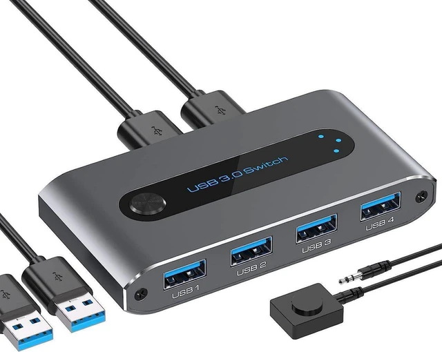 Main image of USB 3.0 Switch, 2 in 4 out USB 3.0 Switch, USB KVM Switcher 2 Computer Sharing 4 USB Devices with Wire Desktop Controller and 2 Pack USB 3.0 A-A Cable