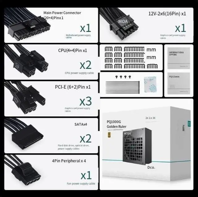 Alt view image 4 of 4 - Jiu Zhou Feng Sheng PQG1000w 1200w powersupply - high wattage gold standard PClE 5.1 model -recommended for RTx 5090D graphics card 1000W
