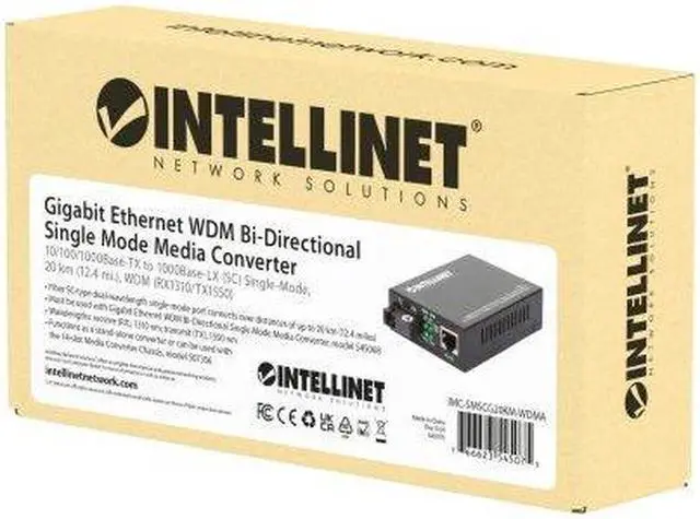 Alt view image 5 of 6 - Intellinet Gigabit Ethernet WDM Bi-Directional Single Mode Media Converter, 10/100/1000Base-TX to 1000Base-LX (SC) Single-Mode, 20 km (12.4 mi.), WDM (RX1310/TX1550)