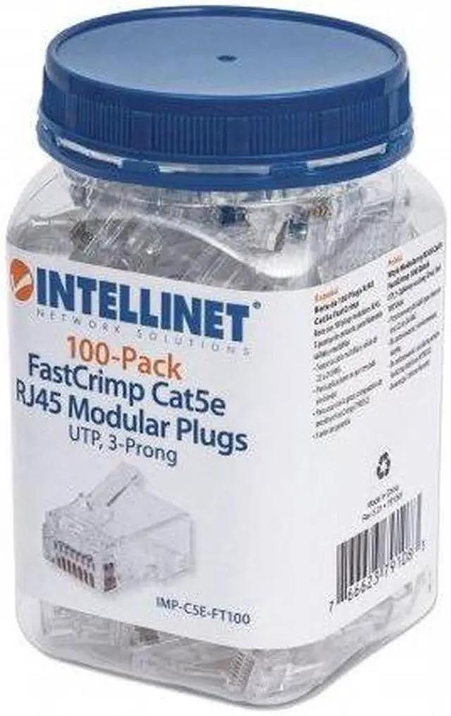 Alt view image 8 of 8 - Intellinet 100-Pack FastCrimp Cat5e RJ45 Modular Plugs, UTP, 3-prong, for Solid & Stranded Wire, 100 Plugs in Jar