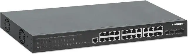 Main image of Intellinet 28-Port L2+ Managed PoE+ Switch w/ 24 Gigabit  & 4 SFP+ Uplinks, IEEE 802.3at/af Compliant, 370 W PoE Power Budget, Layer 2+/Layer 3 Lite, Self Healing Network