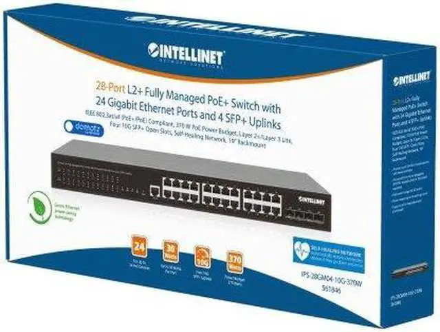 Alt view image 7 of 7 - Intellinet 28-Port L2+ Managed PoE+ Switch w/ 24 Gigabit  & 4 SFP+ Uplinks, IEEE 802.3at/af Compliant, 370 W PoE Power Budget, Layer 2+/Layer 3 Lite, Self Healing Network