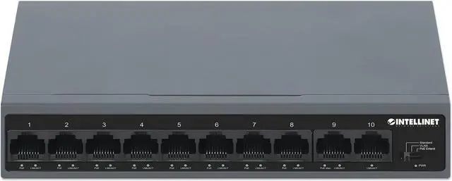 Alt view image 3 of 7 - Intellinet 10-Port PoE+ Switch with 8 Fast Ethernet Ports and 2 FE Uplinks, IEEE 802.3at/af (PoE+/PoE) Compliant, 95 W PoE Power Budget, Two 10/100 RJ45 Uplink Ports, Self-Healing Network, VLAN, PoE E