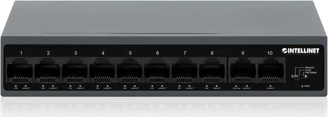Alt view image 5 of 7 - Intellinet 10-Port PoE+ Switch with 8 Fast Ethernet Ports and 2 FE Uplinks, IEEE 802.3at/af (PoE+/PoE) Compliant, 95 W PoE Power Budget, Two 10/100 RJ45 Uplink Ports, Self-Healing Network, VLAN, PoE E