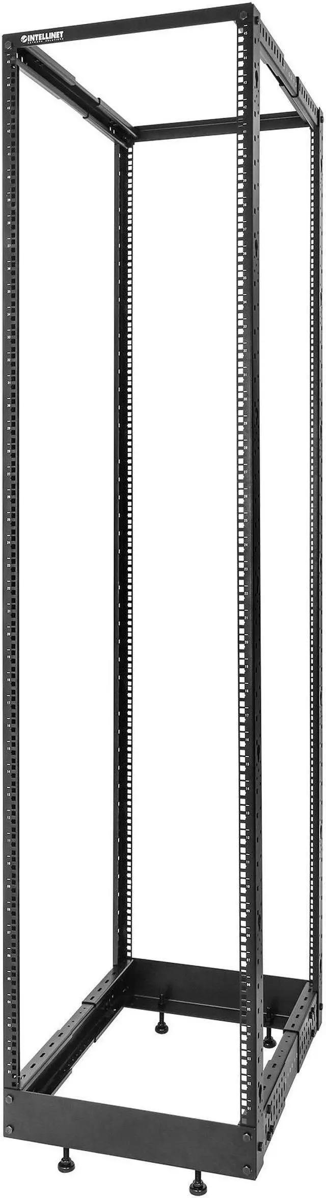 Main image of Intellinet 19" 4-Post Open Frame Network Rack, 45U, Depth-Adjustable 22.2 to 40.4 in. Flat Pack, Can Be Bolted to the Floor, Black RAL 9005